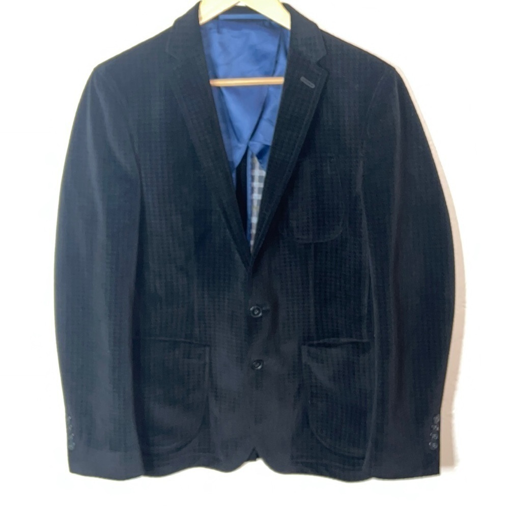 Nick Graham Black Herringbone Print Velvet Blazer 38R